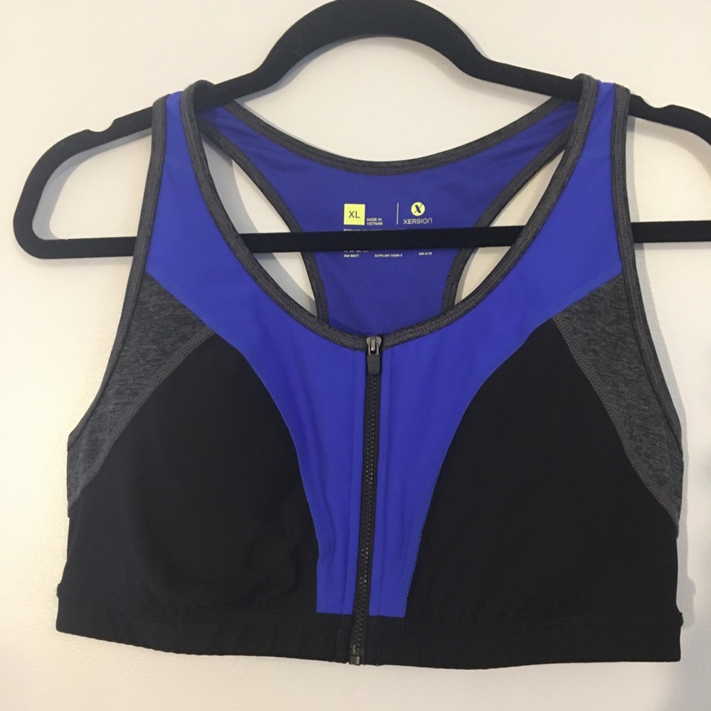 Blue Zip Front Sports Bra with Removable Pads